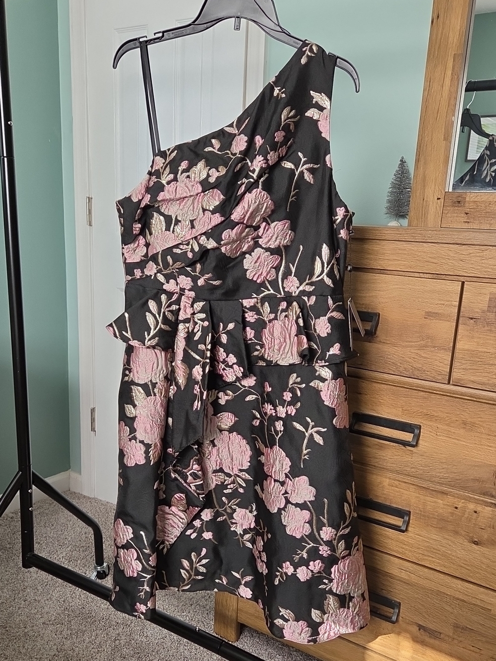 Womens One-Shoulder Black Dress with Pink Floral Embroidery